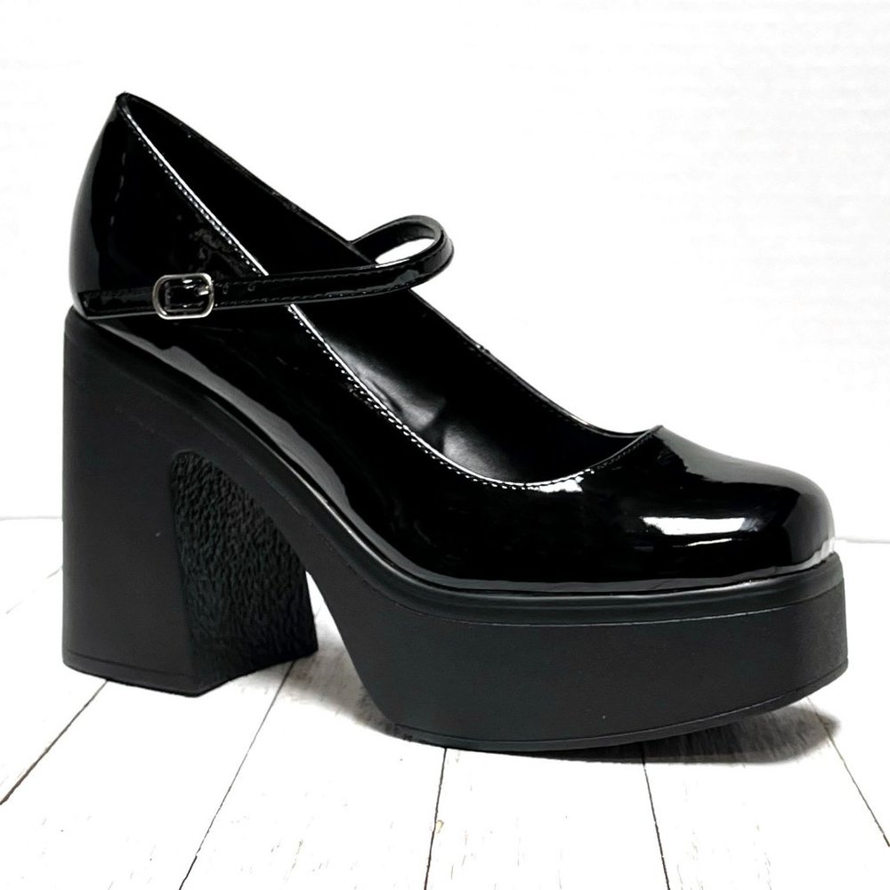 New Black Patent Mary Jane Platform Chunky Heels Pumps